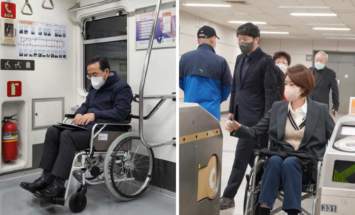 2022년 4월 당시 박홍근 민주당 원내대표(왼쪽)와 고민정 의원이 휠체어를 타고 국회로 출근하는 ‘휠체어 지하철 출근’ 챌린지를 하고 있다. [뉴스1]