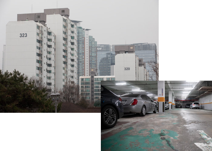 경기 성남시 분당신도시 한 아파트 단지 전경. 주차장 바닥이 갈라져 있다. [지호영 기자]