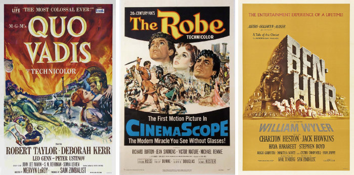 1950년대 영화계를 위기에서 구한 작품 ‘쿼바디스’ ‘성의’ ‘벤허’ 포스터(왼쪽부터). [IMDB]
