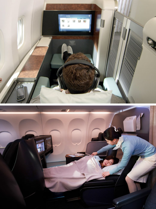 대한항공의 일등석 코스모스위트 2.0 좌석(위)과 대한항공 A321네오(neo) 항공기의 프레스티지 클래스 좌석. [대한항공]