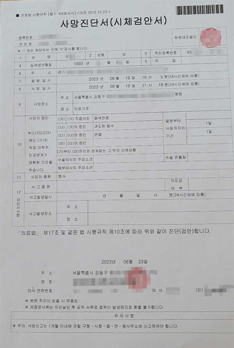 지난해 6월 19일 사망한 코스트코 노동자 20대 김모 씨의 사망진단서. [더불어민주당 을지로위원회]