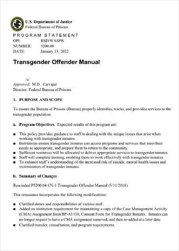 2022년 1월 개정된 법무부 교정국의 ‘트랜스젠더 범죄자 매뉴얼(Transgender Offender Manual)’. [미 법무부 교정국 홈페이지]