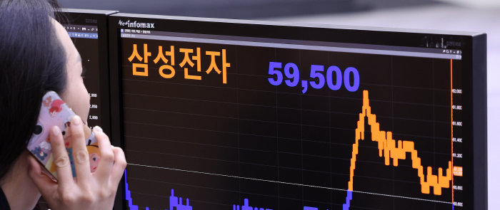 10월 10일 서울 영등포구 여의도 한국거래소 전광판에 삼성전자 종가가 나오고 있다. 삼성전자 주가는 5만원대로 내려앉으며 52주 신저가를 경신했다. [뉴스1]