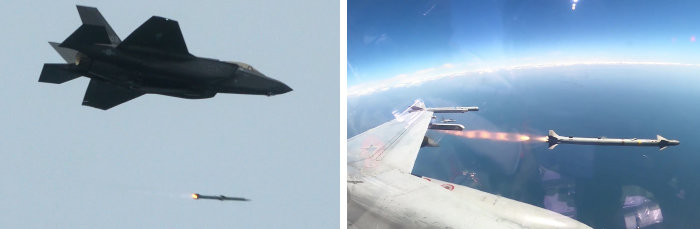 한국 공군 F-35A 전투기가 가상의 공중 표적을 향해 AIM-120 암람(AMRAAM) 공대공미사일을 발사하고 있다(왼쪽). 공군 KF-16 전투기가 공중 표적을 향해 AIM-9X 공대공미사일을 발사하는 모습. [뉴스1]