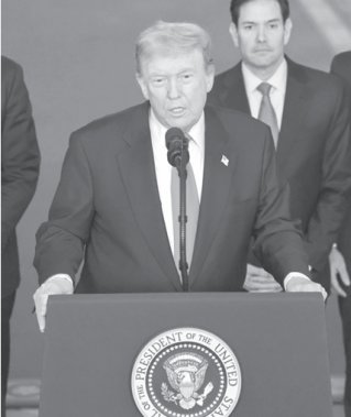 6월 21일 도널드 트럼프 미국 대통령이 백악관에서 미군이 이란 핵시설을 공습한 직후 연설하고 있다. 뉴시스 