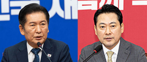 정청래 더불어민주당 대표가 9월 12일 서울 여의도 국회에서 최고위원회의를 주재하고 있다(왼쪽). 장동혁 국민의힘 당대표가 8월 26일 서울 여의도 국회에서 당선 기자회견을 하고 있다. 뉴스1