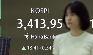 9월 15일 서울 중구 하나은행 딜링룸 전광판에 코스피가 실시간으로 표시되고 있다. 이날 코스피는 처음으로 3400을 돌파했다. 뉴스1