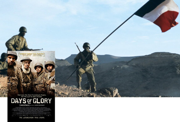 영화 ‘영광의 날들’의 포스터(왼쪽). 영화 ‘영광의 날들’에서 프랑스 식민지 북아프리카에서 온 병사들이 프랑스 국기를 내걸고 전쟁에 나서는 모습. IMDB, 네이버영화
