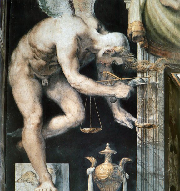 이탈리아 화가 프란체스코 살비아티의 프레스코화 ‘정의의 천사’의 한 구석에 그려져 있는 기회의 신 카이로스. 위키피디아