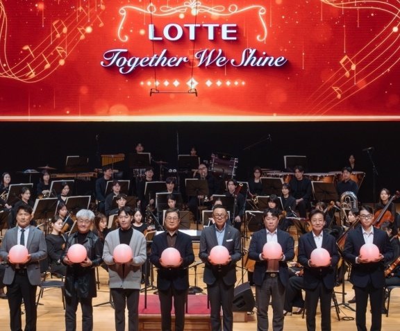 3월 21일 서울 송파구 롯데콘서트홀에서 열린 ‘2025 롯데 행복나눔 동행콘서트’에서 롯데와 파트너사 직원 대표들이 동반성장의 의미를 되새기는 점등식을 진행하고 있다. 롯데지주