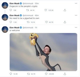 2021년 2월 4일 일론 머스크 테슬라 CEO가 X(옛 트위터)에 올린 도지코인 관련 내용. X 캡처