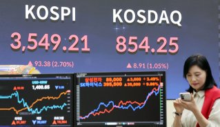 10월 2일 오후 서울 영등포구 여의도 한국거래소 모니터에 코스피 시황이 표시되고 있다. 이날 삼성전자와 SK하이닉스의 오픈AI 협업 소식이 반도체주 랠리를 이끌었다. 뉴스1