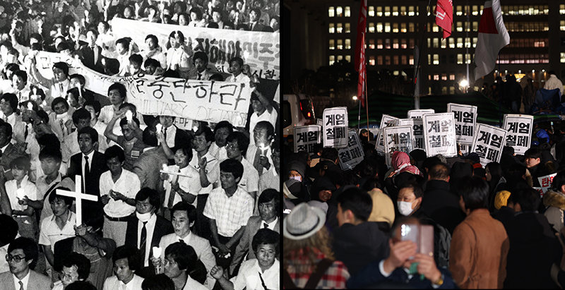 1987년 6월 10일 서울시청 앞 광장에 모인 시민들(왼쪽). 12·3계엄 당시 국회의사당 앞에 모인 시민들. 1987년 6월 민주항쟁 주역 86세대가 12·3 계엄 이후 다시 역사의 전면에 섰다. 동아DB·뉴시스