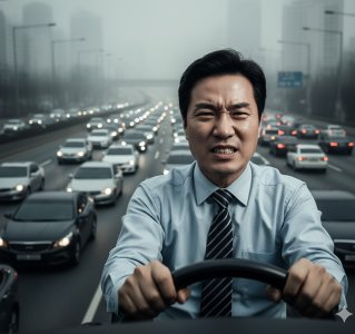 꽉 막힌 출근길에 고통받는 직장인. AI생성 이미지