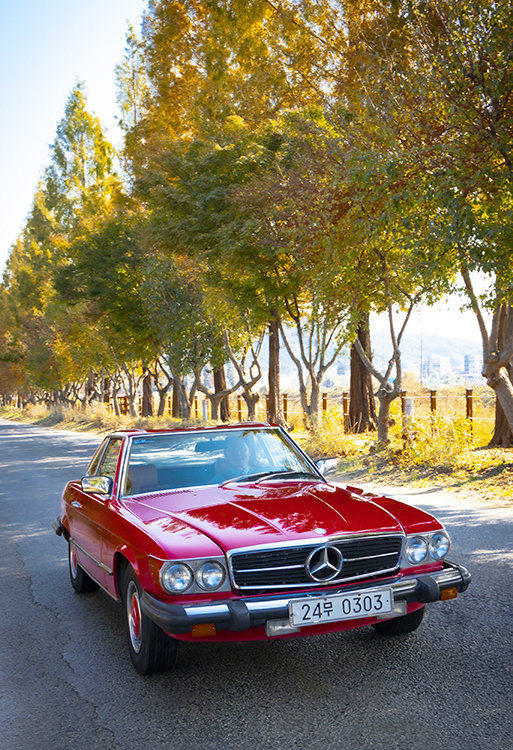 벤츠 380SL(1982)가 도로 위에서 멋진 자태를 뽐내고 있다.