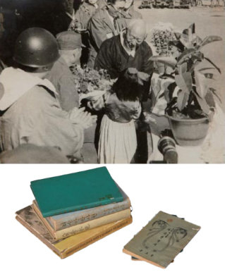 6·25전쟁 당시 이승만 대통령이 민간인 및 군 관계자들과 만나는 장면(위). 이승만 대통령이 집필한 서적들. 뉴시스