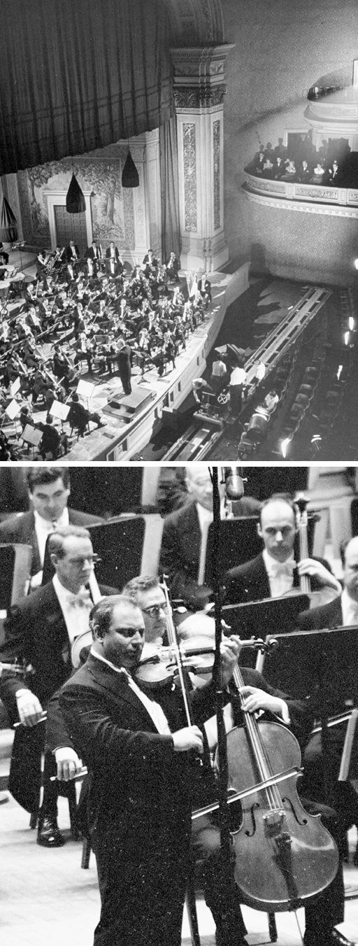 미국 뉴욕 카네기홀(위)과 카네기홀에서 연주하는 바이올리니스트 아이작 스턴. Gettyimage