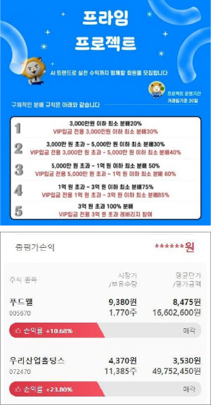 사기 주식 리딩방 ‘E107 빛을창조하다’가 HD프라임 프로젝트를 진행한다며 공지한 ‘투자금액별 AI 매수 차등 분배 비율’(위). 수익이 난 것처럼 조작한 사기 계좌 화면. 네이버밴드 캡처