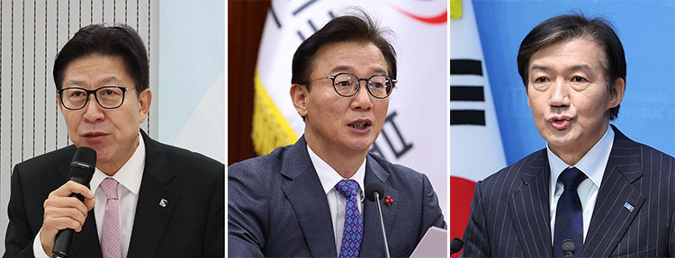 박형준 부산시장, 전재수 전 해양수산부장관, 조국 조국혁신당 대표(왼쪽부터). 뉴시스, 뉴스1