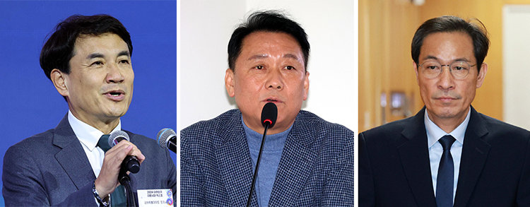 김진태 강원도지사, 이광재 전 강원도지사, 우상호 대통령실 정무수석비서관(왼쪽부터). 뉴시스