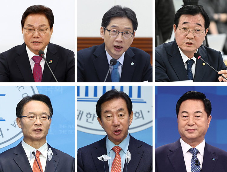 박완수 경남도지사, 김경수 지방시대위원장, 민홍철 의원, 김두관 전 경남지사, 김성태 전 의원, 조해진 전 의원(왼쪽 위부터 시계 방향). 뉴시스, 뉴스1