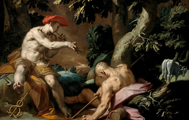 독일의 화가 아브라함 블루마르트(1564~1651)가 1592년에 그린 ‘헤르메스와 아르고스, 그리고 이오’. 위키피디아