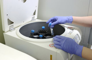 환자의 혈액을 원심분리기에 돌려 분리해 낸 PRP(혈소판이 풍부한 혈장)층을 꺼내는 모습. 마리아병원