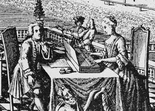 1736년 라이프치히에서 출판된 요한 지기스문트 숄체(필명 스페론테스)의 연가 모음집 제1권 표지로 쓰인 그림. 미술사학자이자 바흐 초상화 전문가인 테리 노엘 토위는 그림 속 두 사람을 바흐와 그의 아내 안나 막달레나로 지목했다. 위키피디아