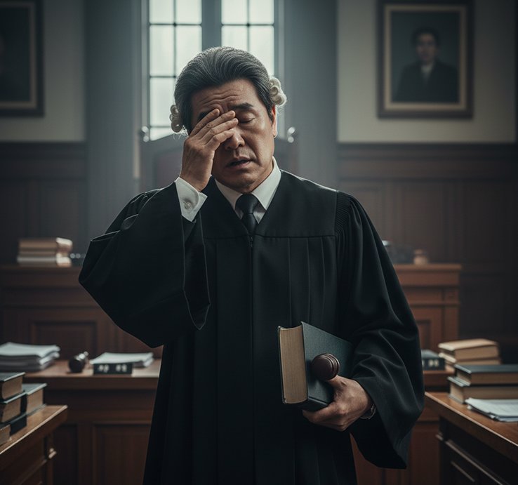 재판을 마친 후 피곤한 표정으로 법정을 떠나는 한 판사의 모습. AI 생성 이미지