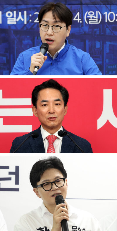 부산 북구갑 보궐선거에서 3파전을 벌이고 있는 후보들. 위부터 하정우 더불어민주당, 박민식 국민의힘, 한동훈 무소속 후보. 뉴스1, 뉴시스