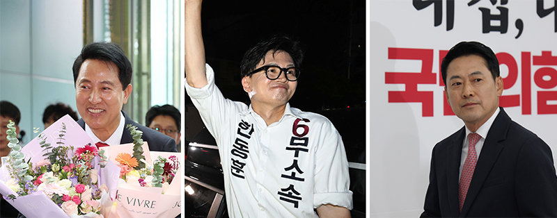 오세훈 서울시장(왼쪽)과 한동훈 무소속 의원(가운데)은 이번 선거로 보수진영의 대권주자로 부상했다. 반면 장동혁 국민의힘 대표(오른쪽)에 대해서는 책임론이 부상하고 있다. 동아DB