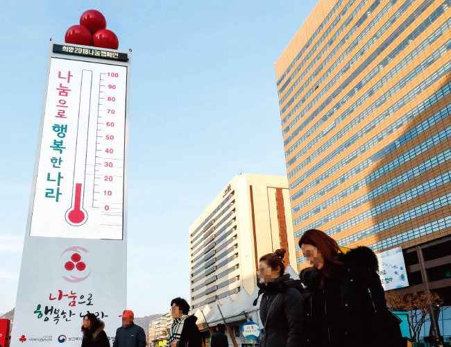 서울 세종대로 광화문광장에 있는 ‘사랑의 온도탑’. 12월 7일 현재 15도를 기록하고 있다. 2015년에는 같은 기간 20도를 상회했다. [뉴스1]
