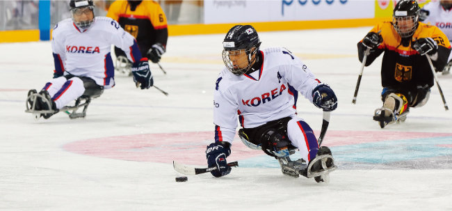 장애인 아이스하키 국가대표 선수들의 경기 모습. [사진 제공 ·  대한장애인체육회]