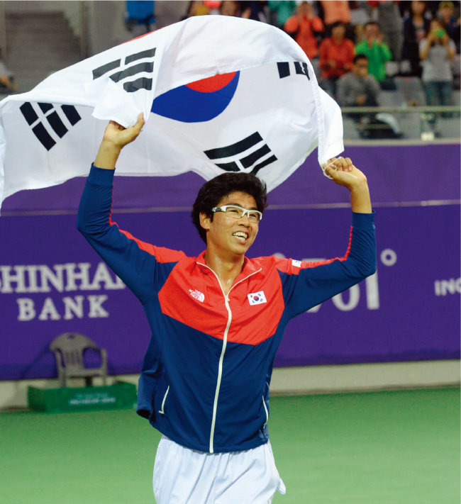 2014년 9월 29일 열린 ‘2014 인천아시아경기대회’ 테니스 남자복식 결승전에서 승리해 금메달이 확정된 후 정현이 태극기를 들고 세리머니를 하고 있다. [뉴시스]