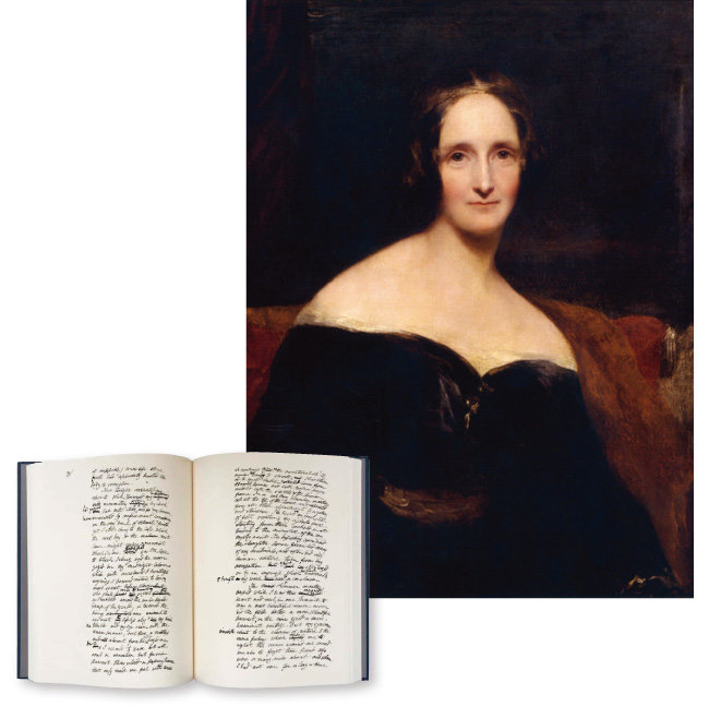 1840년 그려진 40대의 메리 셸리 초상화(위)와 올해 영국에서 출간된 ‘프랑켄슈타인’ 육필원고. 교정을 본 글씨는 그의 남편 퍼시 비시 셸리의 것이다.