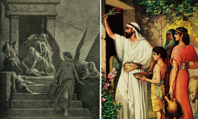 성경에 등장하는 이집트(애굽)의 마지막 열 번째 재앙을 묘사한 그림(왼쪽). 이스라엘 사람들이 재앙을 피하기 위해 양의 피를 집 문설주와 인방에 바르며 유월절을 지키는 모습. 