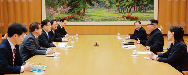3월 5일 대북특별사절단과 마주 앉은 김정은 북한 국무위원회 위원장(오른쪽 가운데). [뉴시스]