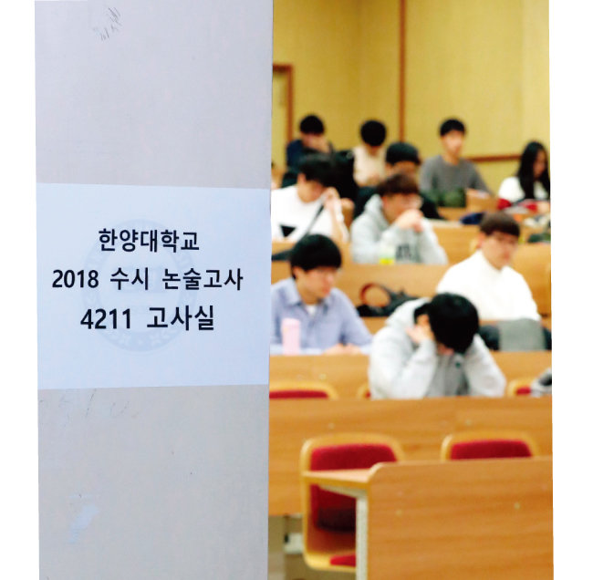 지난해 12월 3일 서울 성동구 한양대에서 열린 2018 수시 논술고사장에서 수험생들이 시험 시작을 기다리고 있다.