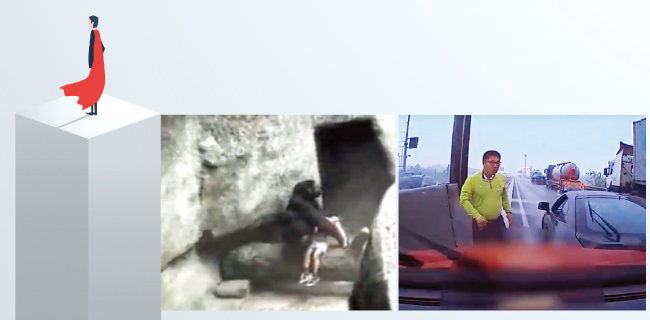 아이를 구한 고릴라의 모습(왼쪽). 5월 12일 제2서해안고속도로를 달리던 사고 차량의 블랙박스에 찍힌 ‘투스카니 의인’ 한영탁 씨. [shutterstock, 유튜브 캡처]
