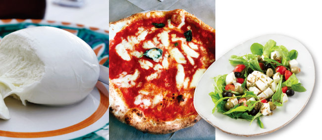당일 아침에 만든 믈소젖 모차렐라, 모차렐라가 올라간 마르게리타 피자, 카프리 섬 스타일의 모차렐라 샐러드.(왼쪽부터)