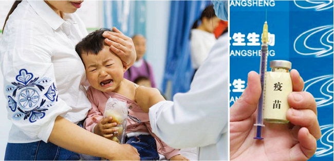 중국에서 한 아이가 백신주사를 맞으며 울고 있다(왼쪽). 중국 2위 제약업체 창성바이오테크놀로지의 백신. [VCG]