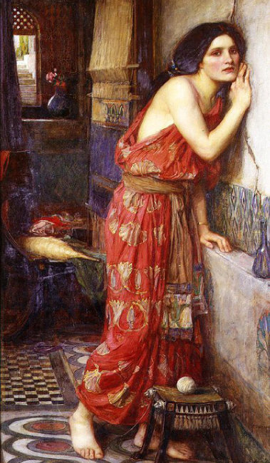 영국 화가 존 윌리엄 워터하우스의 유화 ‘티스베’(1909). 이웃집 총각 피라모스가 속삭이는 사랑의 밀어에 귀 기울이고 있다. [위키피디아]