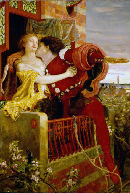 영국 화가 포드 매독스 브라운의 ‘로미오와 줄리엣’(1870년 무렵). 셰익스피어 희곡의 발코니 장면을 그렸다. [위키피디아]