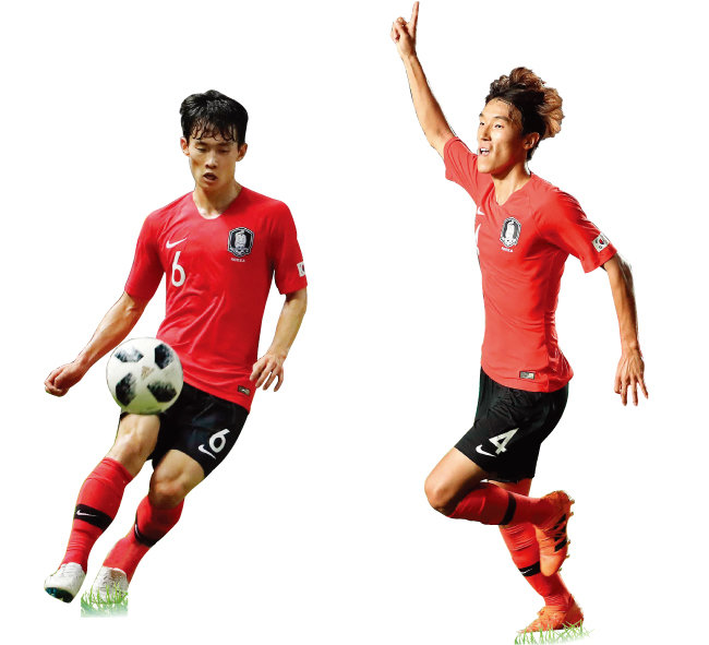 아시아경기에서수비수로 포지션 전환에 성공한 김문환(왼쪽)과 김진야. [뉴스1]
