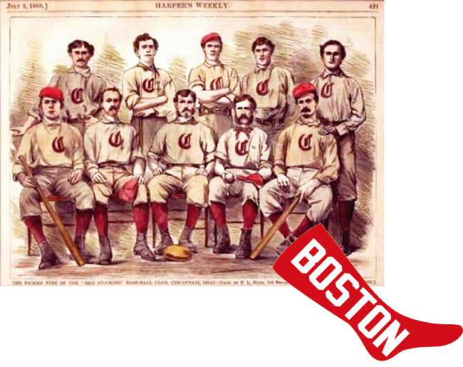 최초의 프로야구단 신시내티 레드스타킹스 선수들(‘최초의 
10인’)을 촬영한 흑백사진을 리터치한 하퍼스 위클리의 그림(위)과 1908년 보스턴 레드삭스가 팀 유니폼 한가운데 달고 나온 빨간 양말 로고. [하퍼스 위클리·위키디피아]