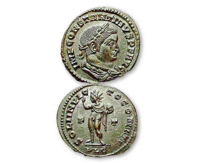 콘스탄티누스 황제의 얼굴을 앞면에, 태양신 솔 인빅투스를 뒷면에 새긴 동전. [위키미디어]