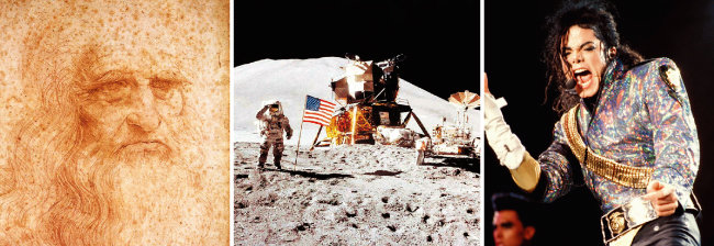 서거 500주기를 맞는 레오나르도 다비치의 자화상, 1969년 7월 20일 닐 암스트롱에 이어 달 표면에 발을 내디딘 에드윈 올드린, 서거 10주기를 맞는 마이클 잭슨. (왼쪽부터) [위키미디어커먼스, AP=뉴시스]