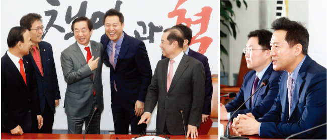 오세훈 전 서울시장(가운데)이 2018년 11월 29일 국회에서 열린 입당 행사에서 김병준 비상대책위원장(오른쪽)과 김성태 원내대표(왼쪽에서 세 번째)의 환영을 받으며 웃고 있다. (왼쪽) 입당식 후 가진 기자회견 모습. [동아DB]