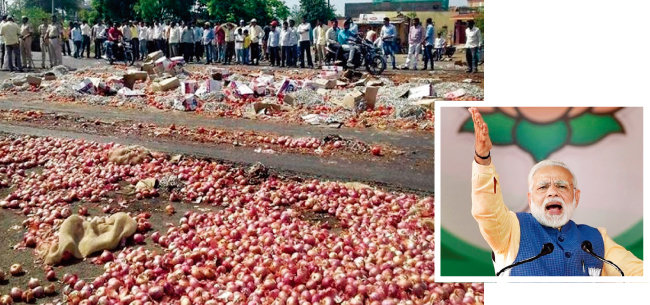 인도 농민들이 가격 폭락에 분노해 양파를 길에 버리고 있다(왼쪽). 나렌드라 모디 인도 총리. [PTI]
