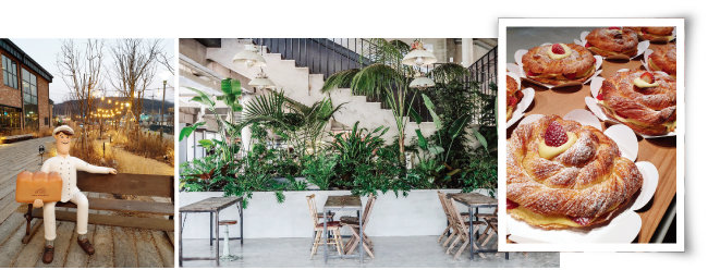 ‘어 로프 슬라이스 피스’의 정감 있는 입구, 마치 식물원처럼 넓고 탁 트인 내부 모습, 차와 먹기 좋은 몽블랑. (왼쪽부터) [사진 제공 · 김민경]